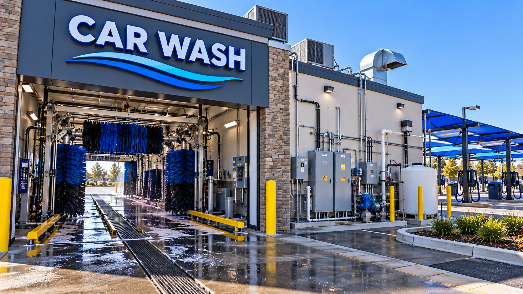 Commercial car wash building and wash bay entrance