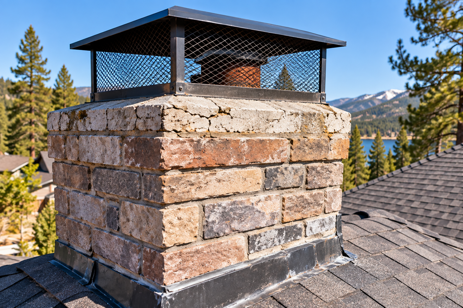 Masonry chimney and chimney cap on a residential roof
