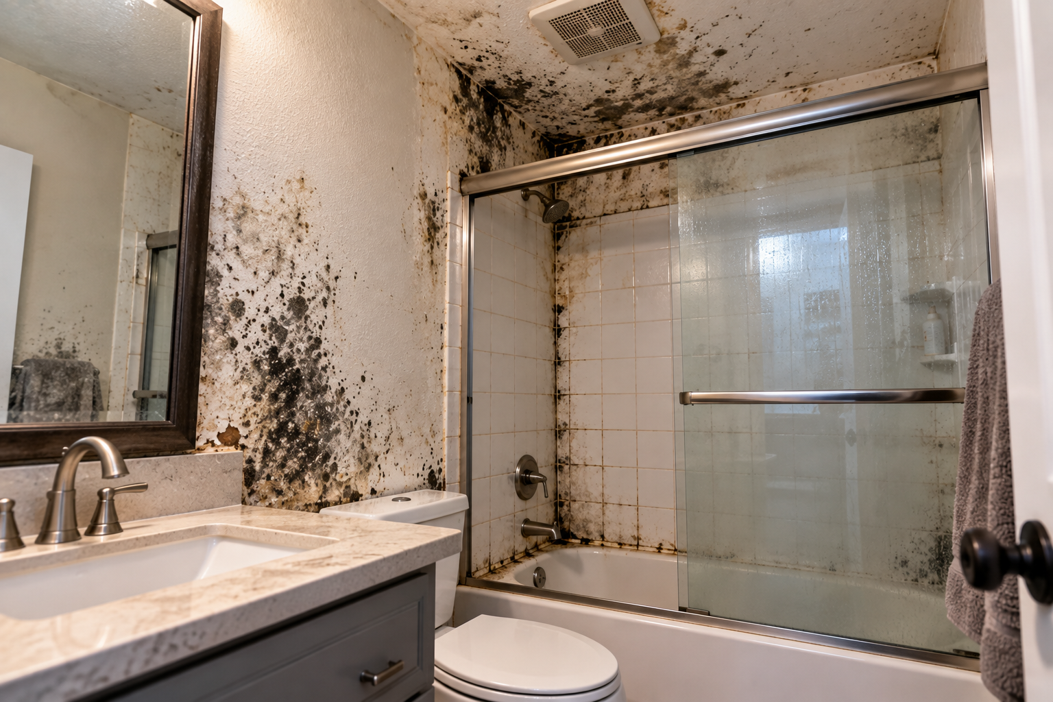 Visible mold growth on bathroom walls and ceiling