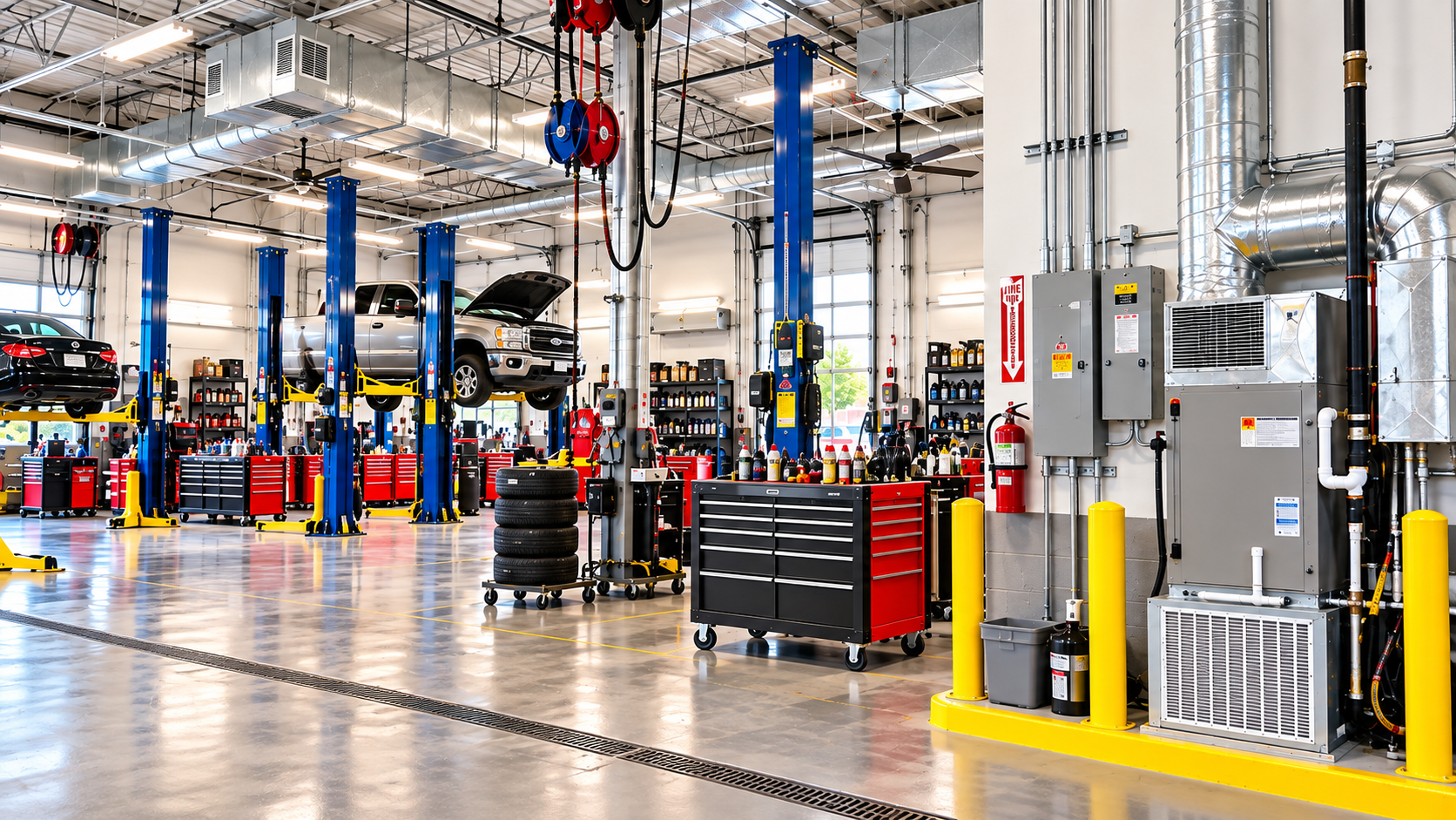 Automotive service shop with vehicle lifts and repair bays